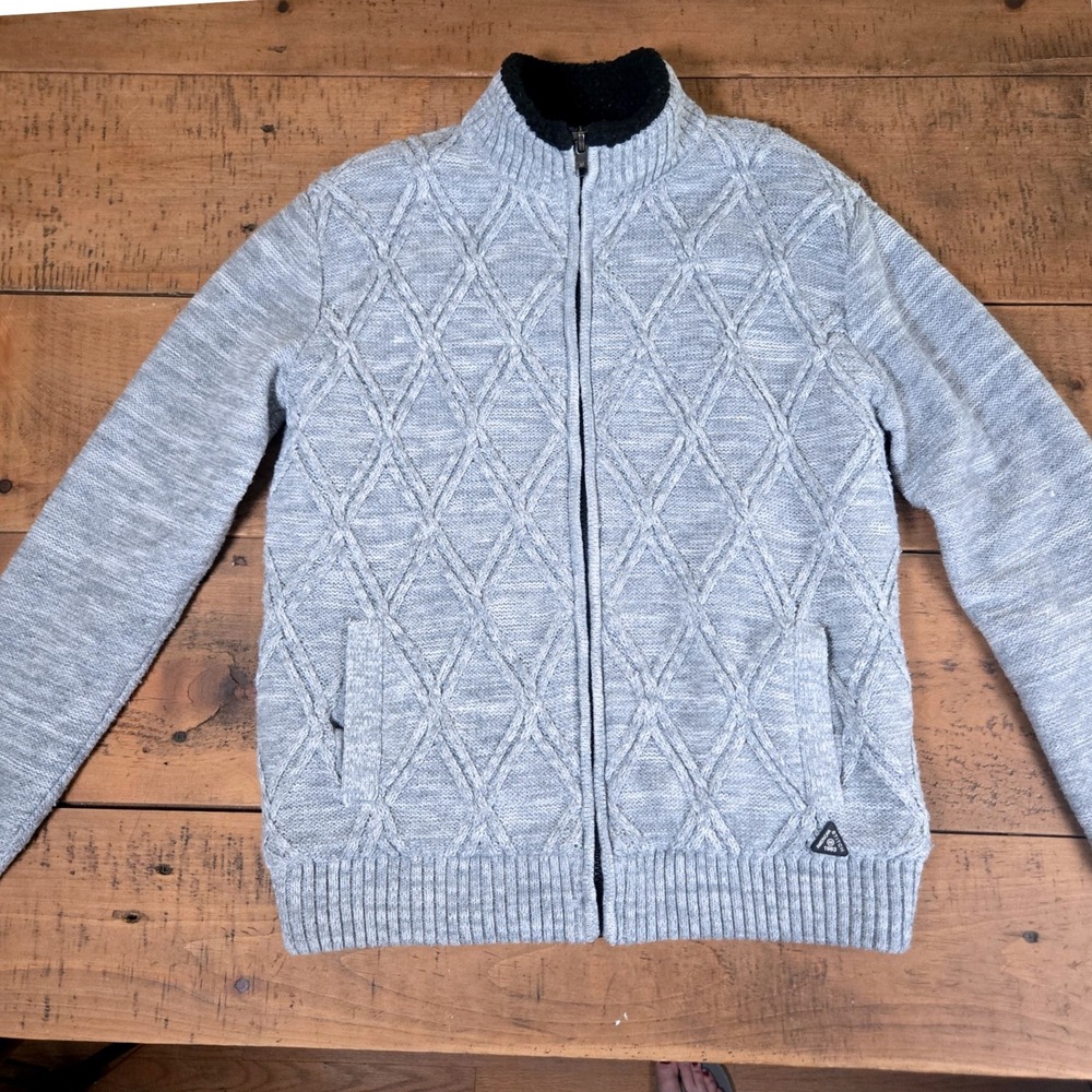 American Stitch Mens Gray Diamond Cable Knit Sherpa Lined Full Zip Sweater M